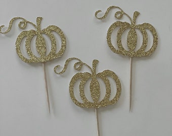 Gold Glitter Pumpkin Cupcake Toppers: Fall Party Decorations (Set of 12)