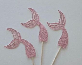 Mermaid Tail Cupcake Toppers: Pink Glitter Cardstock, Set of 12