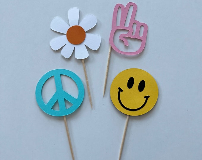 Peace cupcake toppers, peace sign toppers, groovy cupcake toppers, two groovy cupcake toppers, groovy one cupcake toppers, set of 12