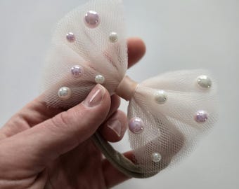 Tulle Baby Headband: Elegant Pearl Bow, Stretchy Nylon Band