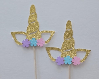 Unicorn Cupcake Toppers: Gold Glitter Party Decorations, Set of 12