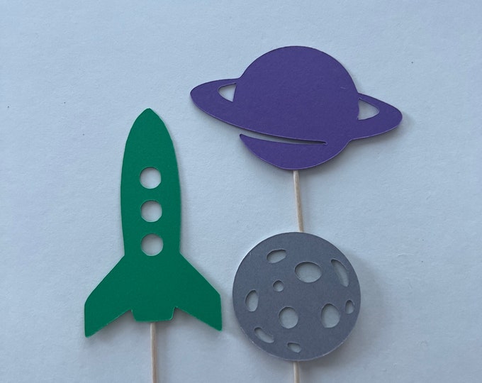 Space cupcake toppers, outer space cupcake toppers, space themed cupcake toppers, rocket ship cupcake toppers, set of 12 cucpcake toppers