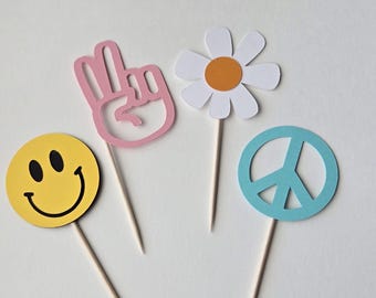 Groovy Peace Sign Cupcake Toppers: 70s Party Decorations (Set of 12)