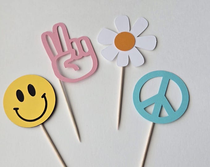 Peace cupcake toppers, peace sign toppers, groovy cupcake toppers, two groovy cupcake toppers, groovy one cupcake toppers, set of 12