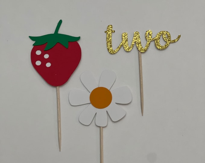Strawberry cupcake toppers, second birthday cupcake toppers, 2nd birthday cupcake toppers, strawberry toppers, set of 12