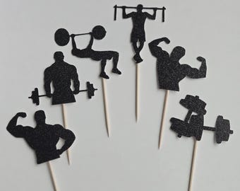 Weightlifting Cupcake Toppers: Gym Fitness Party Decorations (Set of 12)