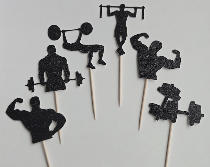 Weightlifting Cupcake Toppers: Gym Fitness Party Decorations (Set of 12)