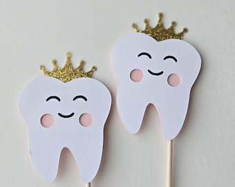 First Tooth Cupcake Toppers: Handcrafted Paper Teeth with Crowns, Set of 12