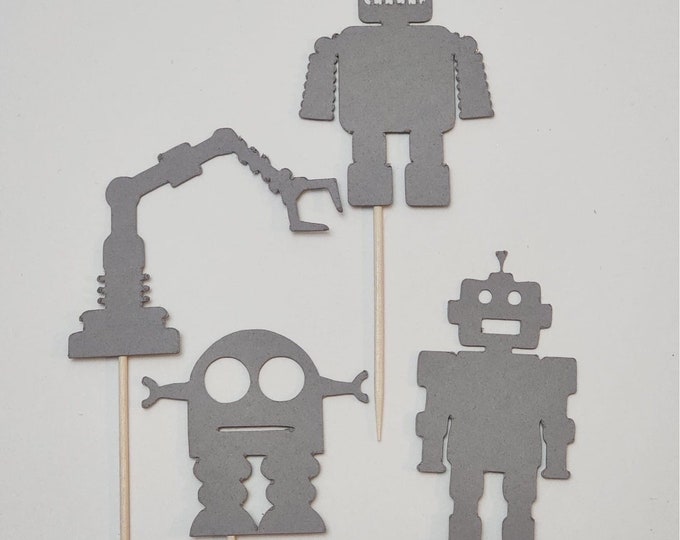 Robot cupcake toppers, Robotic cupcake toppers, Robot toppers, Robot cake toppers, Robot party decorations, set of 12