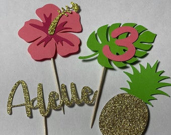 Hawaii Luau Cupcake Toppers: Hibiscus, Pineapple, and Palm Leaf (Set of 12)
