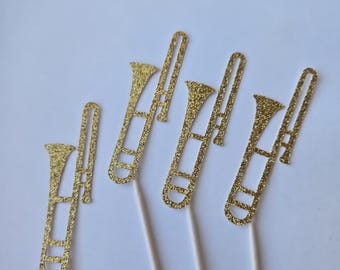 Trombone Cupcake Toppers: Gold Glitter Band Party Decorations (Set of 12)