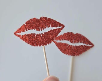 Red Glitter Kiss Cupcake Toppers: Makeup Party Decor (Set of 12)