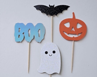 Halloween Cupcake Toppers: Ghost, Bat, Pumpkin, Boo - Set of 12