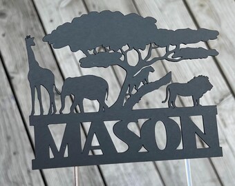 Safari Birthday Cake Topper: Zoo Animals, Personalized Paper Cake Decoration