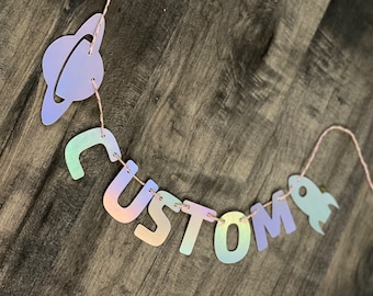 Holographic Space Birthday Banner: Moon & Rocket Party Decor