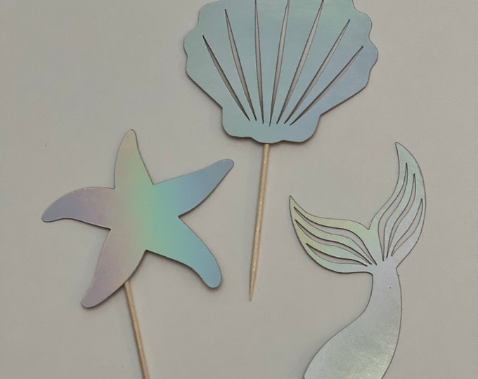 Mermaid cupcake toppers, mermaid toppers, starfish toppers, seashell cupcake toppers, starfish cupcake toppers, set of 12