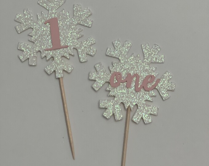 Winter first birthday cupcake toppers, snowflake toppers, snowflake cupcake toppers, snowflake birthday cupcake toppers, 1st birthday topper