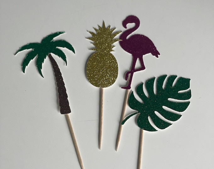 Pineapple cupcake toppers, Tropical cupcake toppers, Pineapple toppers, Palm tree cupcake toppers, Flamingo cupcake toppers, 12 toppers