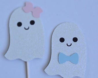 Halloween Gender Reveal Ghost Cupcake Toppers - Set of 12