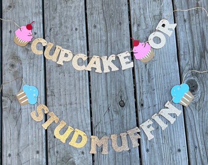 Cupcake banner, stud muffin banner, pink or blue banner, boy or girl banner, he or she banner, cupcake or stud muffin banner,