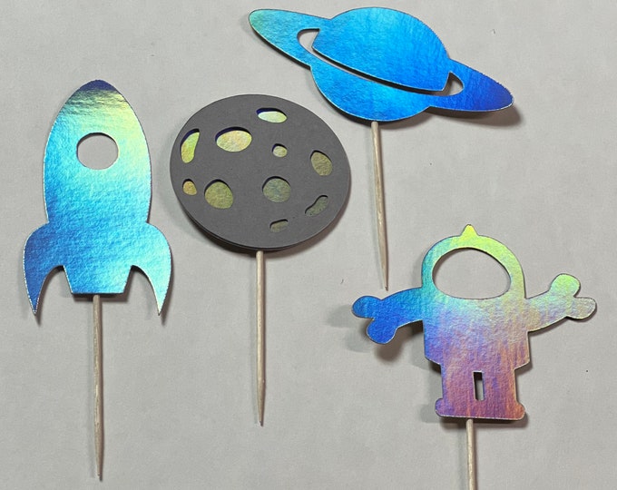 Space cupcake toppers, outer space cupcake toppers, space themed cupcake toppers, astronaut cupcake toppers, rocket ship toppers, set of 12