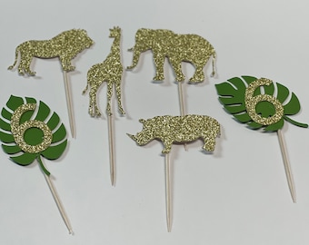Safari Animal Cupcake Toppers: Glitter Lion, Elephant, Giraffe - Set of 12