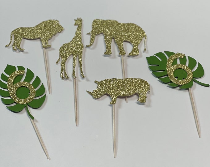 Safari cupcake toppers, Safari theme cupcake toppers, elephant toppers, giraffe toppers, lion toppers, monkey toppers, set of 12