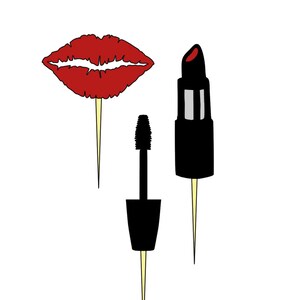 Makeup cupcake toppers, makeup artist birthday cupcake toppers, lipstick cupcake toppers, mascara cupcake toppers, kissy lip cupcake toppers