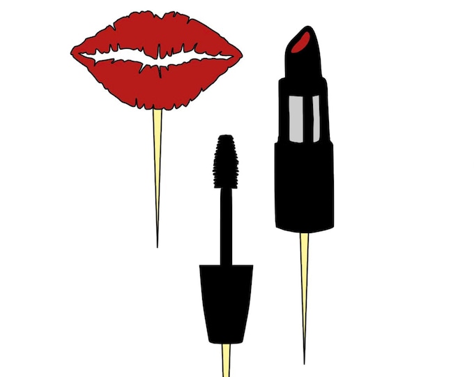 Makeup cupcake toppers, makeup artist birthday cupcake toppers, lipstick cupcake toppers, mascara cupcake toppers, kissy lip cupcake toppers