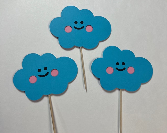 Smiling clouds cucpake toppers, cloud cupcake toppers, cute cloud cucpake toppers, blue cloud cucpake toppers, set of 12