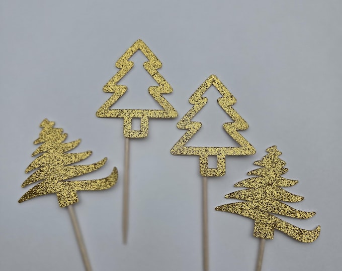 Christmas Tree Cupcake Toppers: Gold Glitter Xmas Party Decor