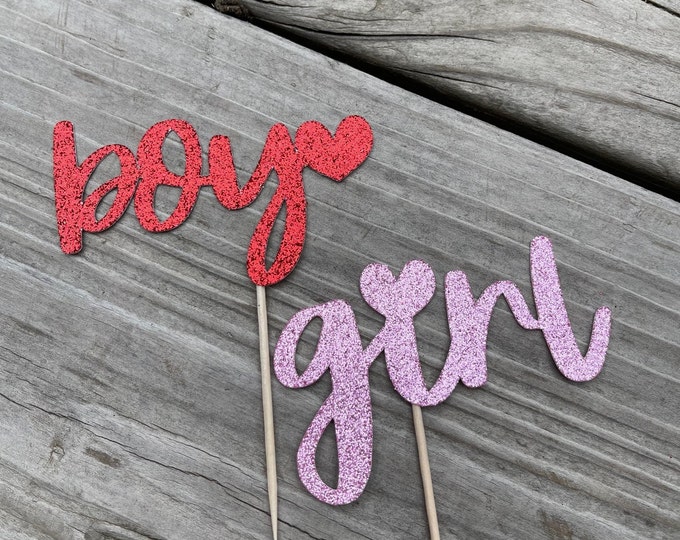 Valentines gender reveal cupcake toppers, Valentines Day gender reveal cupcake toppers, heart shaped gender reveal cupcake toppers