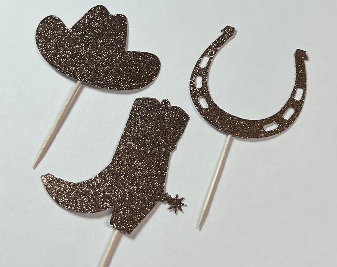 Cowboy cupcake toppers, Cowgirl cupcake toppers, rodeo cupcake toppers, horse shoe cupcake toppers, cowboy boot cupcake toppers, set of 12