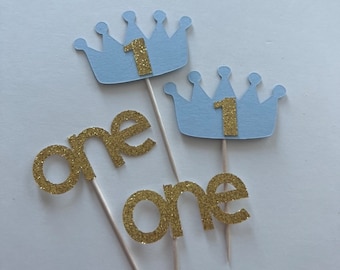 Little Prince First Birthday Cupcake Toppers: Blue & Gold Crowns
