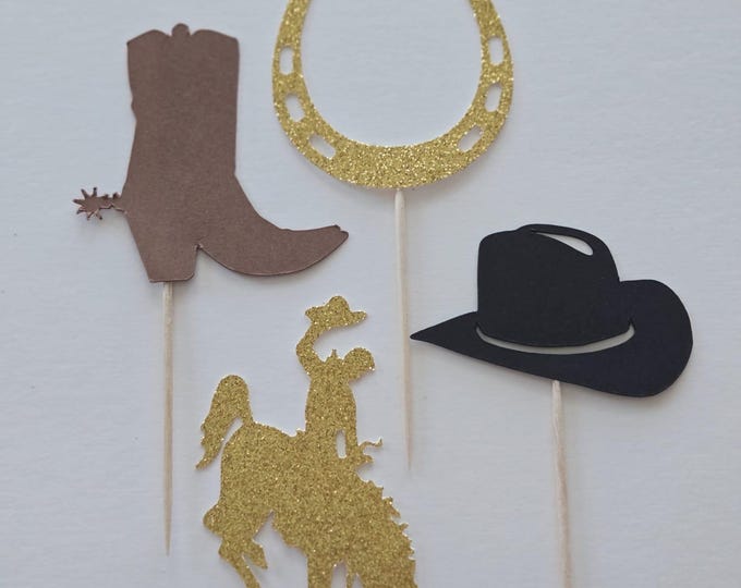 Cowboy cupcake toppers, Rodeo cupcake toppers, Horse shoe cupcake toppers, Cowboy hat cupcake topper, Cowboy toppers, set of 12