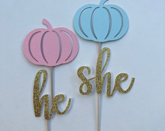 Pumpkin gender reveal cupcake toppers, Pumpkin cupcake toppers, Thanksgiving gender reveal cupcake toppers, fall gender reveal decorations