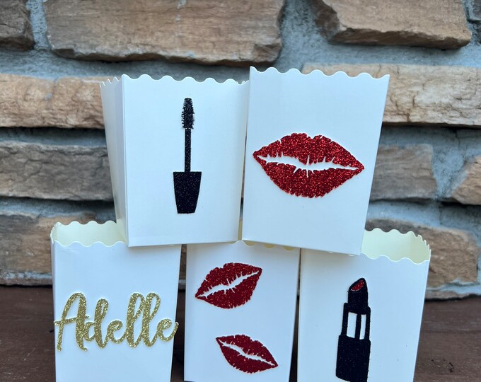 Mini pop corn boxes, customized popcorn boxes, makeup snack boxes, makeup favor boxes, makeup favors, set of 12