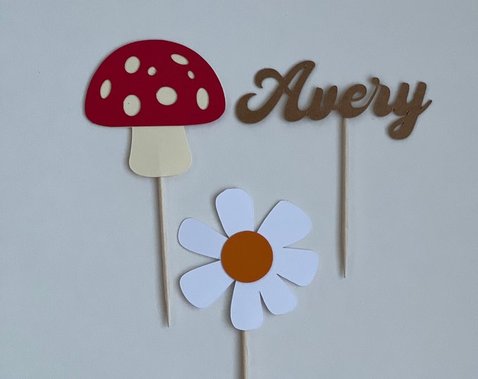 Groovy cupcake toppers, retro cupcake  toppers, mushroom cupcake toppers, two groovy cupcake toppers, groovy one cupcake toppers, set of 12