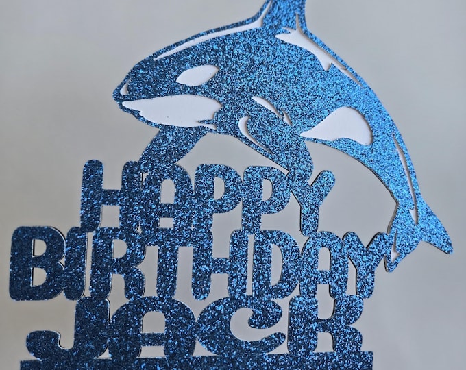 Orca Birthday Cake Topper, Glitter Cardstock, Whale Party Decor