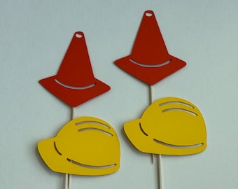 Construction Cupcake Toppers: Safety Cone & Hard Hat, Set of 12