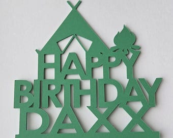 Camping Birthday Cake Topper: Tent & Campfire, Custom Colors