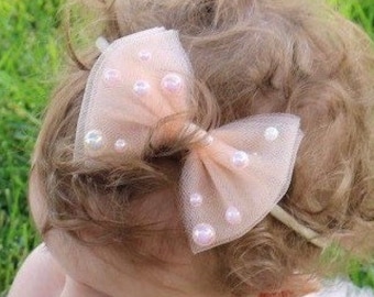 Pretty baby headband, Tulle headband, Pearl headband, Pretty bow headband, elegant bow headband, elegant baby bow headband, baby headband