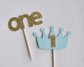 Little Prince First Birthday Cupcake Toppers: Blue & Gold Crowns