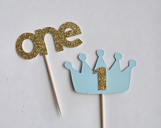 Little Prince First Birthday Cupcake Toppers: Blue & Gold Crowns