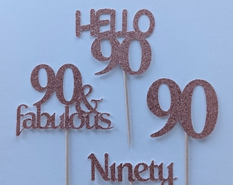 90th Birthday Cupcake Toppers: Rose Gold Glitter, Set of 12