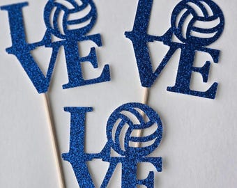 Volleyball Birthday Cupcake Toppers: Blue Glitter LOVE Set of 12
