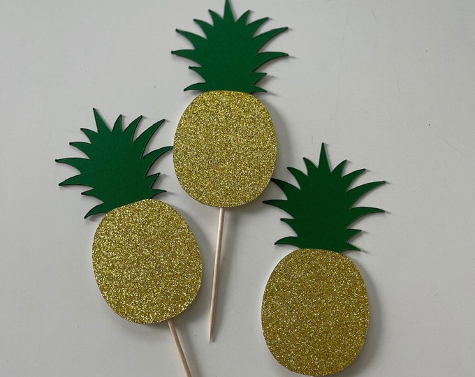 Pineapple cupcake toppers, Tropical cupcake toppers, Pineapple toppers, Pineapple party decorations, Tropical party decorations, set of 12