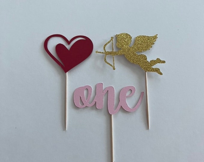 Valentines first birthday cupcake toppers, Cupid cucpakw toppers, First birthday cupcake toppers, heart cupcake topper, set of 12 toppers