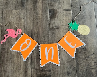 Flamingo First Birthday Banner: Pre-Hung Party Decor