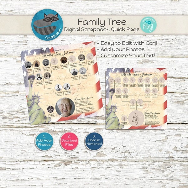 Family Tree Pedigree Portrait Ellis Island, Premade Digital Scrapbook Layout